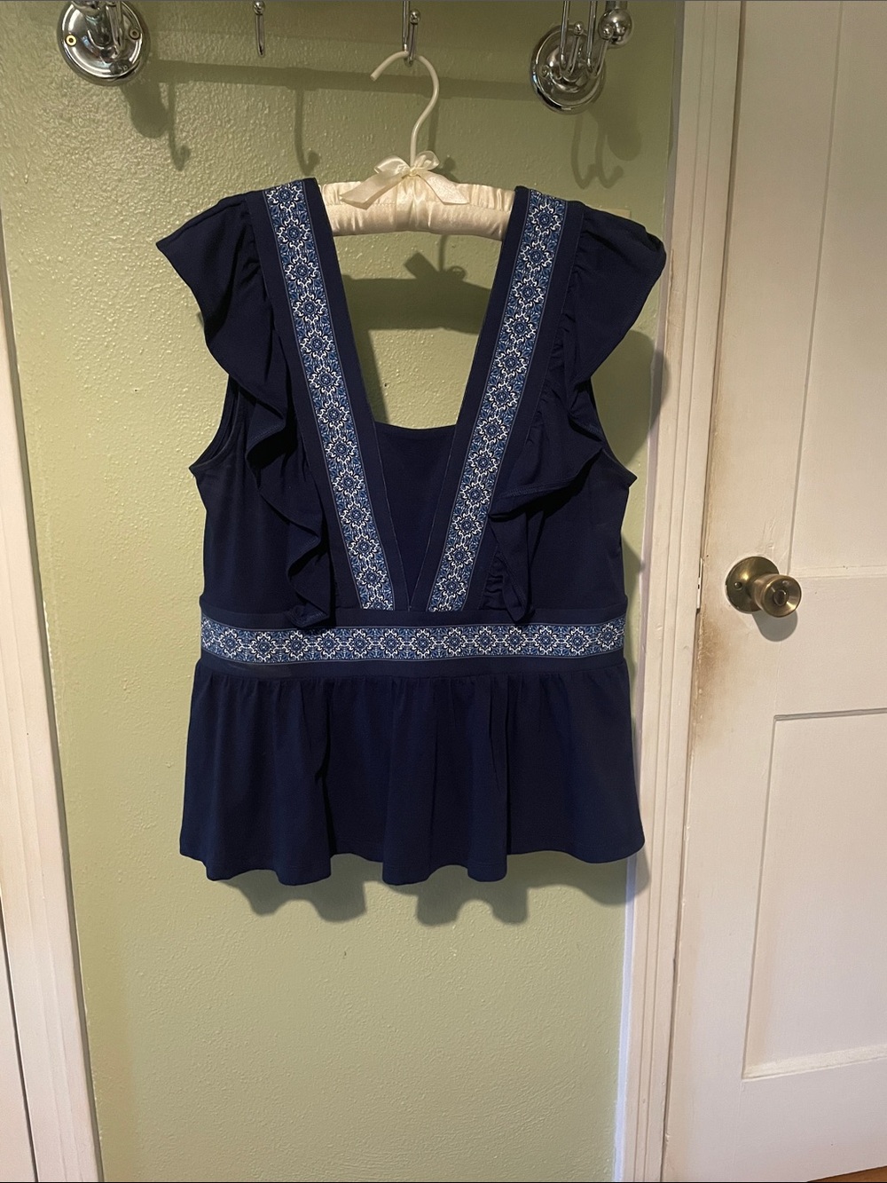 Lands' End Navy Embroidered V-Neck Ruffle Peplum Tank
